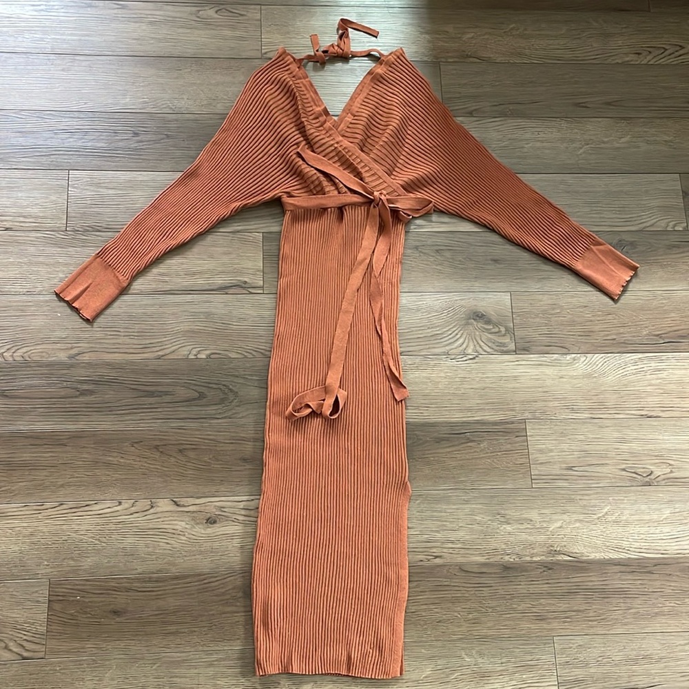 Pink lily rust dolman sleeve fitted sweater dress